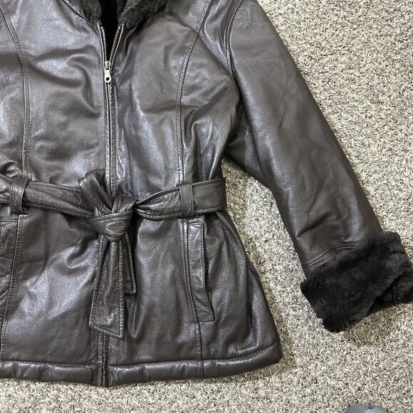Wilsons Leather Pelle Studio Hooded Faux Fur Trim Lined Jacket Penny Lane Size M - Picture 3 of 5